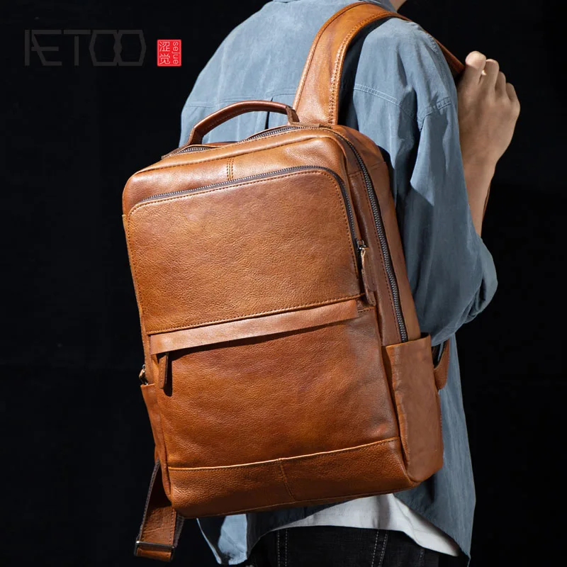 

AETOO Hand-rubbed vegetable tanned leather backpack, large-capacity leather travel bag, first-layer leather computer bag