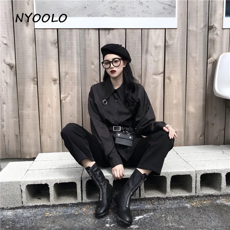 

NYOOLO Autumn black oversize shirt Casual streetwear loose turn down collar long sleeve Boyfriend shirt women clothing with belt