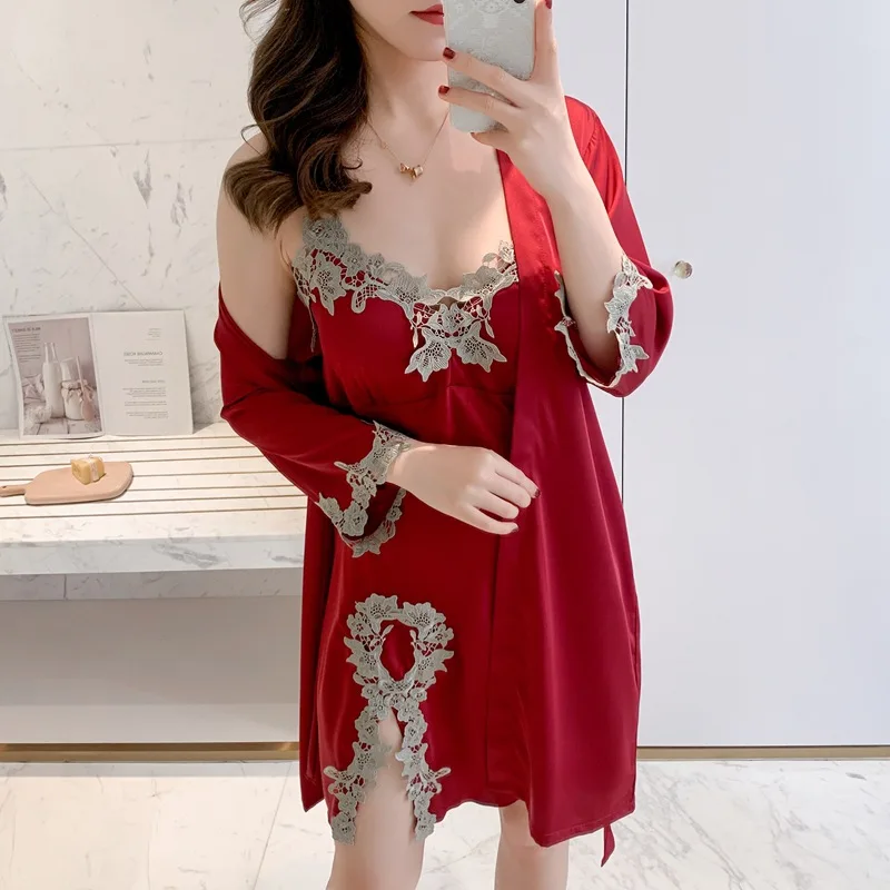

Lace Kimono Bathrobe Gown Loose Casual Nightgown Wedding Robe Set Women Sleepwear Sexy Patchwork Silky Satin Home Dress