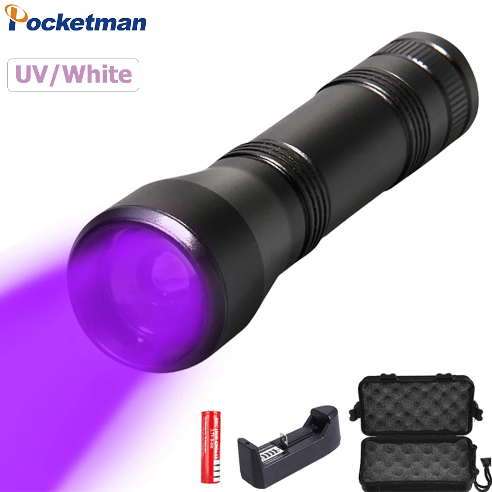 UV Flashlight Purple Light Lanterna 395nm Ultra Violet Light LED Torch Zoomable Flashlight by 18650 Battery