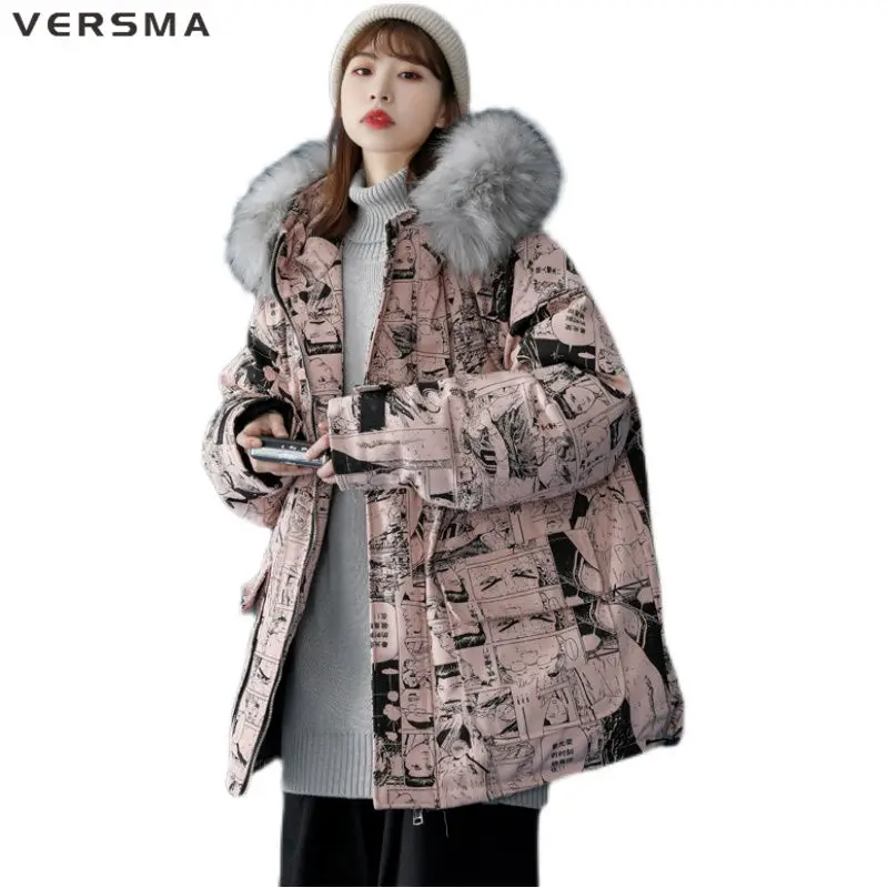 VERSMA Korean Streetwear Cartoon Graffiti Print Parka Men Women American Hip Hop Winter Thick Oversized Fur Collar Parkas Male