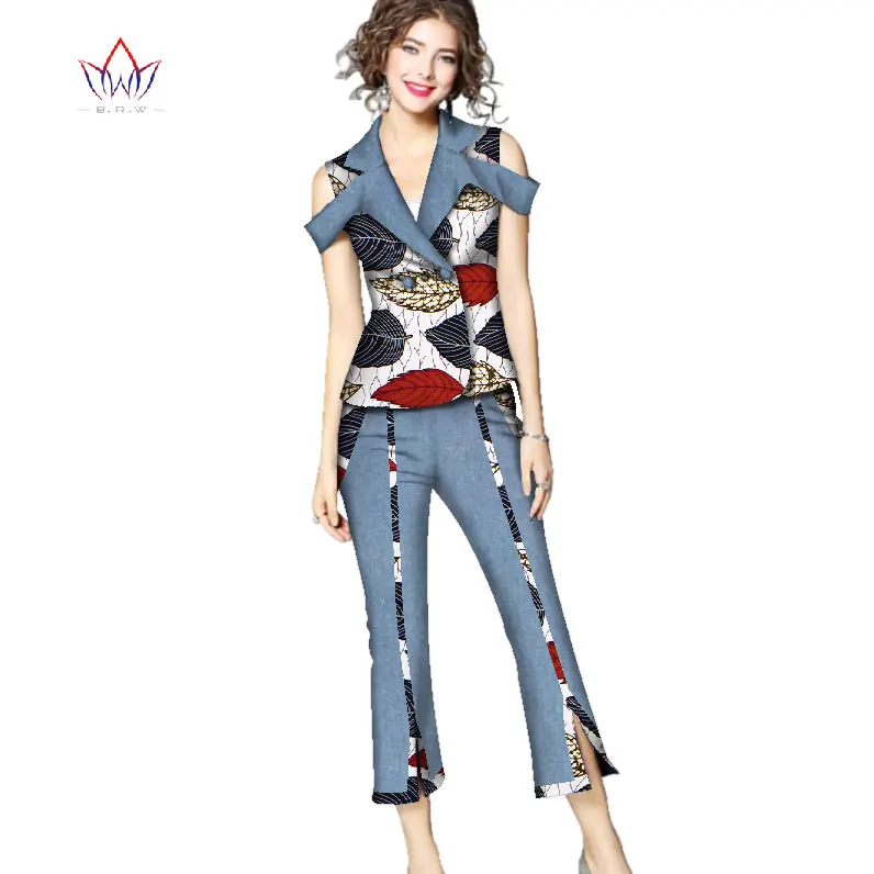 Women's 2-piece set elegant pants vintage african attire female turn-down collar plus size women clothing two piece set  WY2686