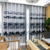 chinese ink landscape style printed linen stitching printed curtains for living room and bedroom