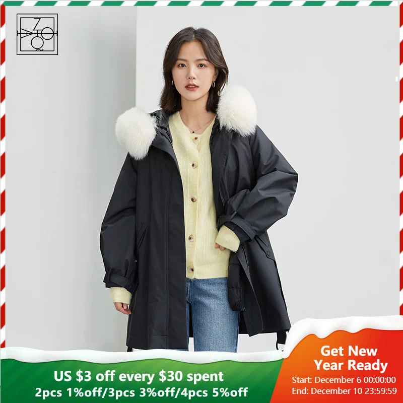 

ZIQIAO Women's Winter Fox Fur Collar Black Down Coat Detachable Fur Lightweight Parka Beige Hooded Jacket Women Thick Jackets