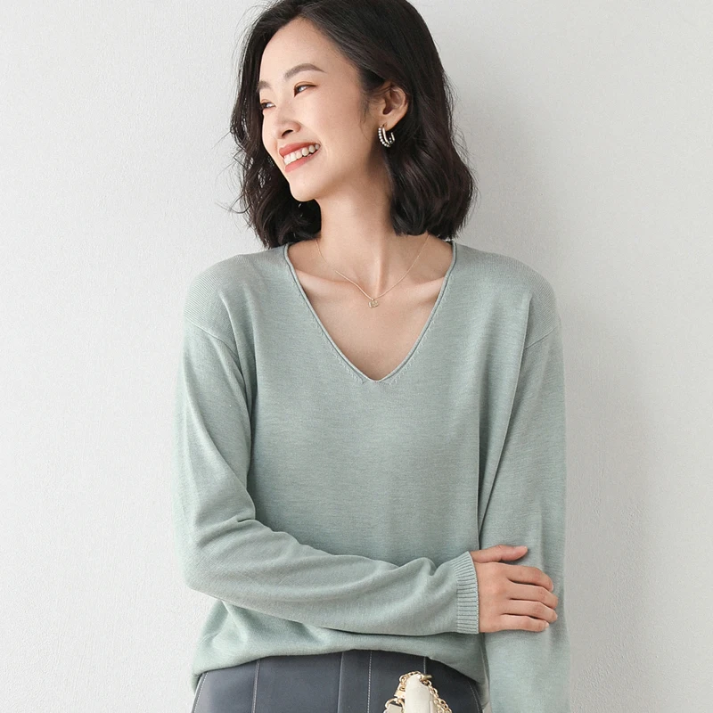 Женский свитер Осенний мягкий тонкий пуловер с v-образным вырезом и длинным