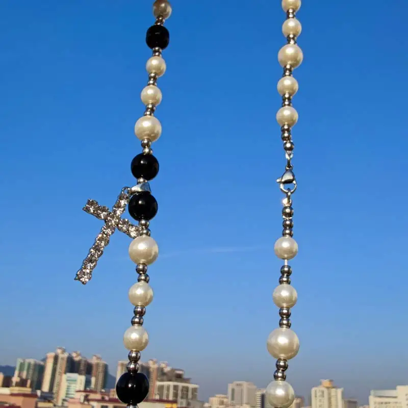 

Cross Pendant Pearl Necklace Hip Hop Rock Couple Jewelry Inlaid Cubic Zircon Copper Necklace Ladies Men's Party Birthday Gifts