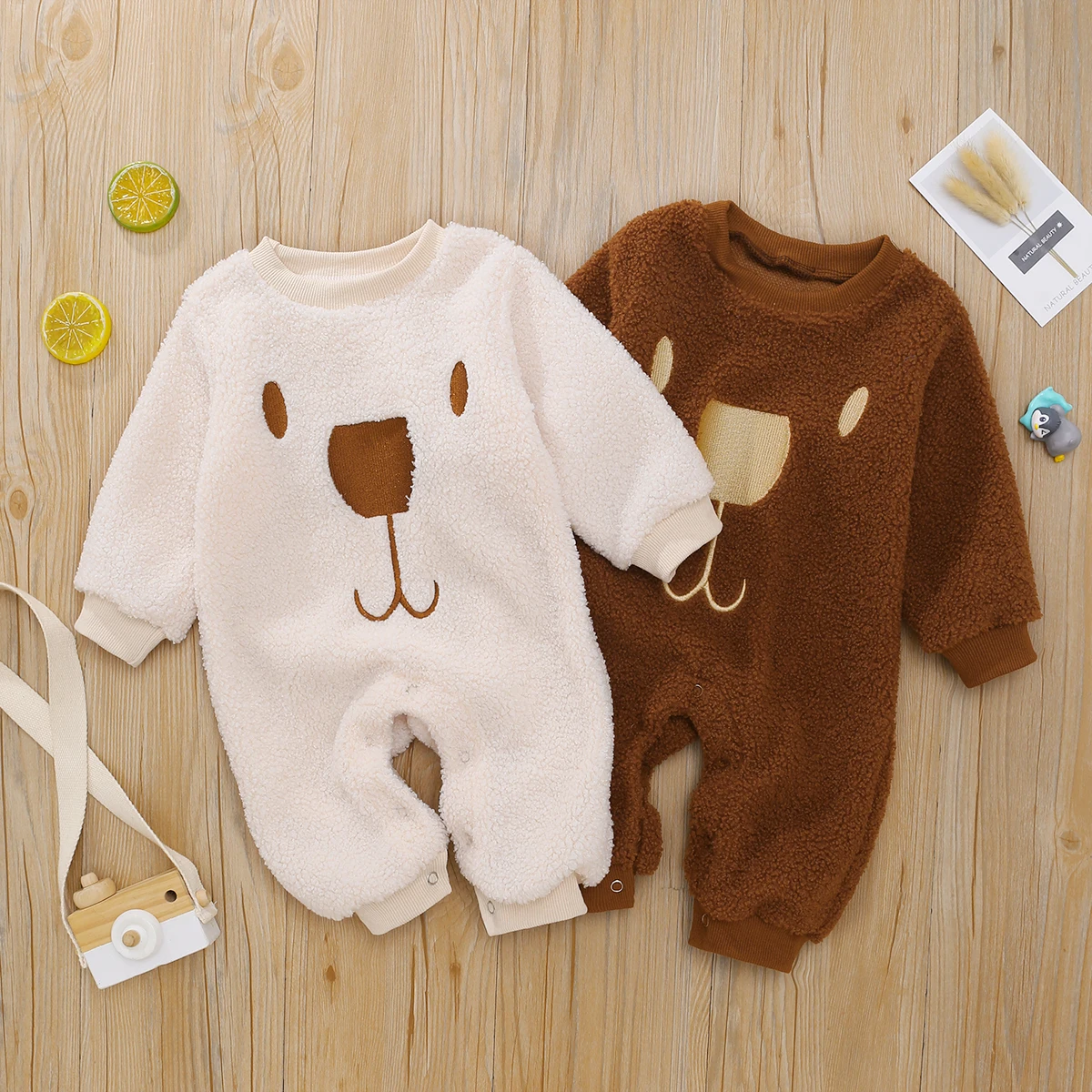 

Newborn Baby Girls Boys Winter Fuzzy Rompers Overalls Casual Jumpsuit Toddler Cute Bear Pattern Long Sleeve Round Neck Jumsuits
