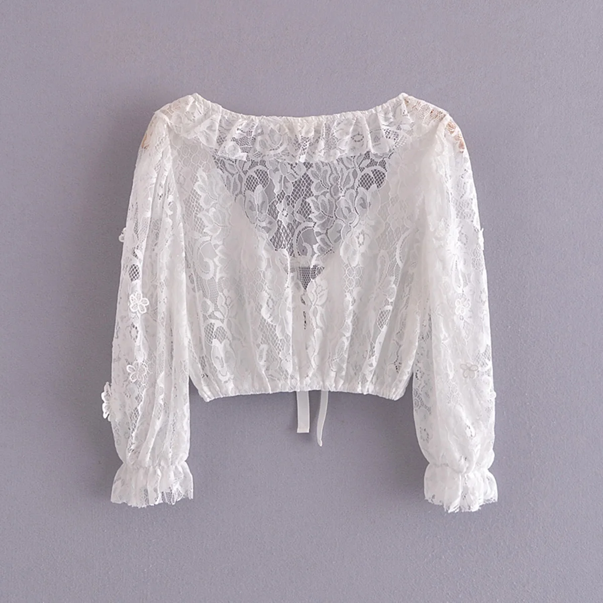 

Jastie Fashion Women Shirts Top 2021 White Hollow Out Three-Dimensional Daisy Ruffle Lace Tops Summer Boho Beach Party Blouses