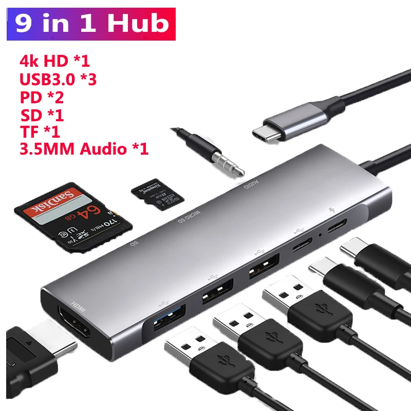 

9 in 1 HUB Adapter Thunderbolt 3 USB C to PD charging HDMI-compatible 4K 30hz USB 3.0 SD/TF Card Reader hub for MacBook Pro