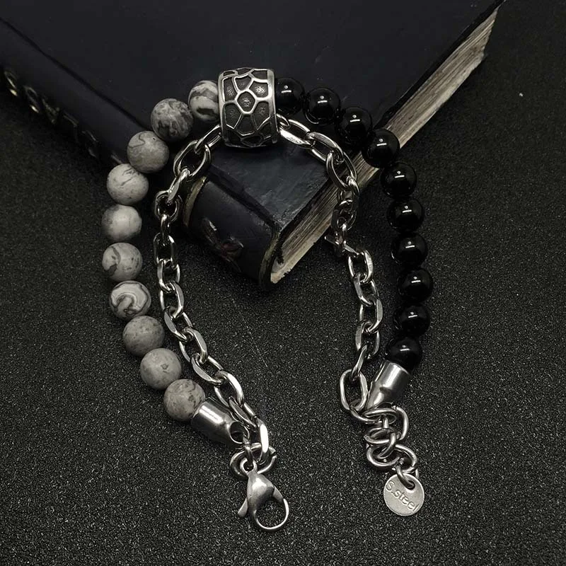 Черные бусины из натурального камня Мужская цепочка на руку браслет нержавеющей