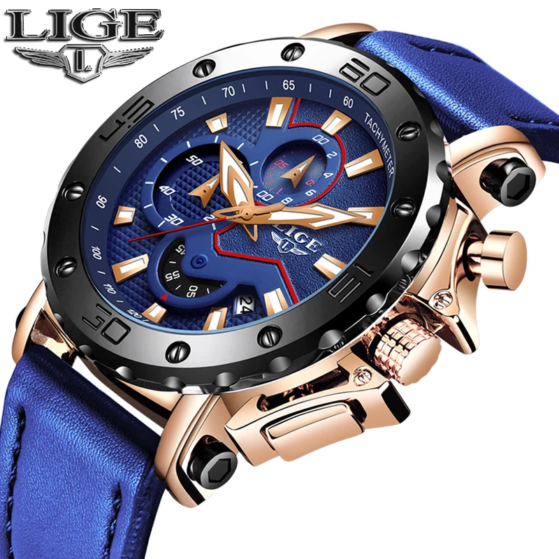 Reloj Hombre 2019 модные синие кожаные часы LIGE мужские s лучший бренд класса люкс