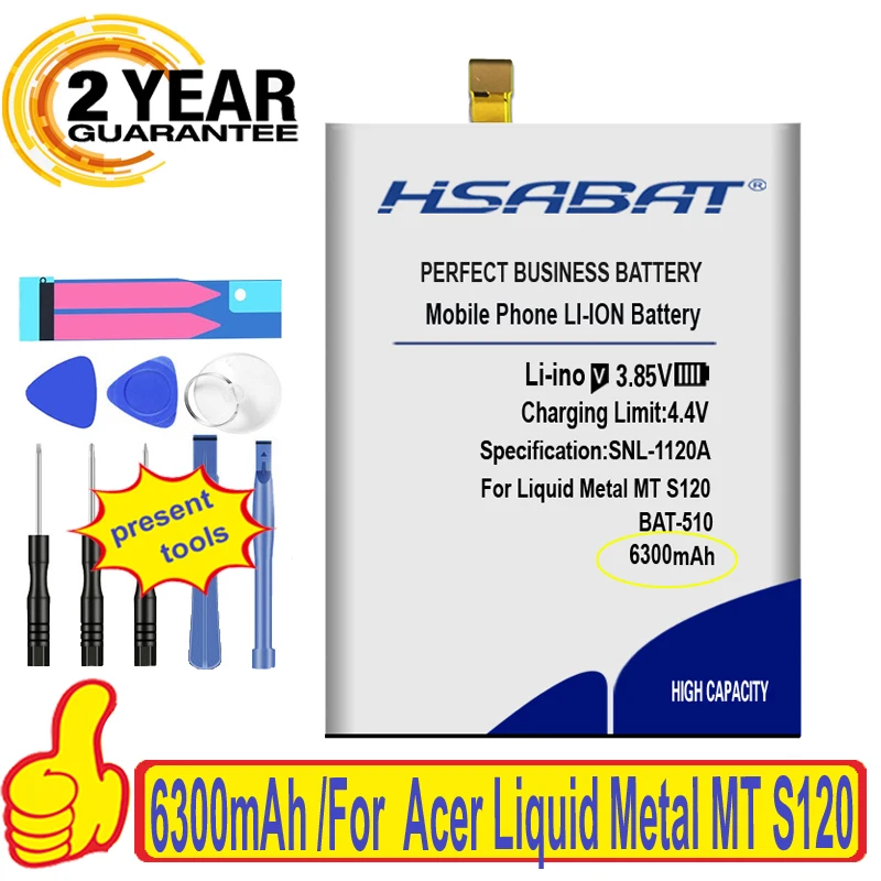 100% Оригинальный аккумулятор HSABAT 6300mAh BAT-510 для Acer Liquid Metal MT S120 (1/CP6/65/85) SP516485SF-C |