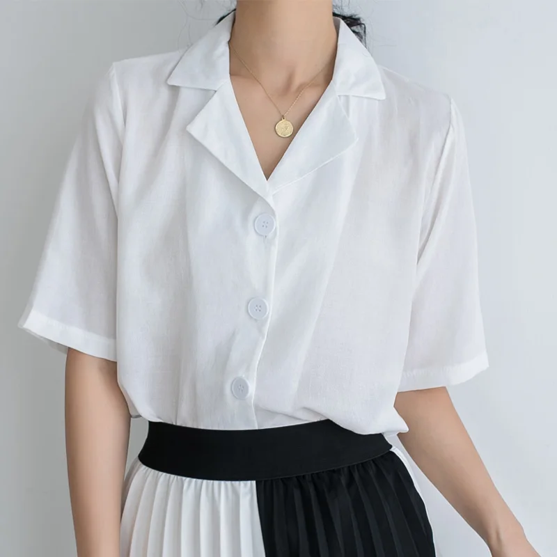 

Houthion Chiffon Slim Women's Blouses New Casual Blouse Solid Color Buttons Polo Shirt Summer Fashion Short Sleeve Top