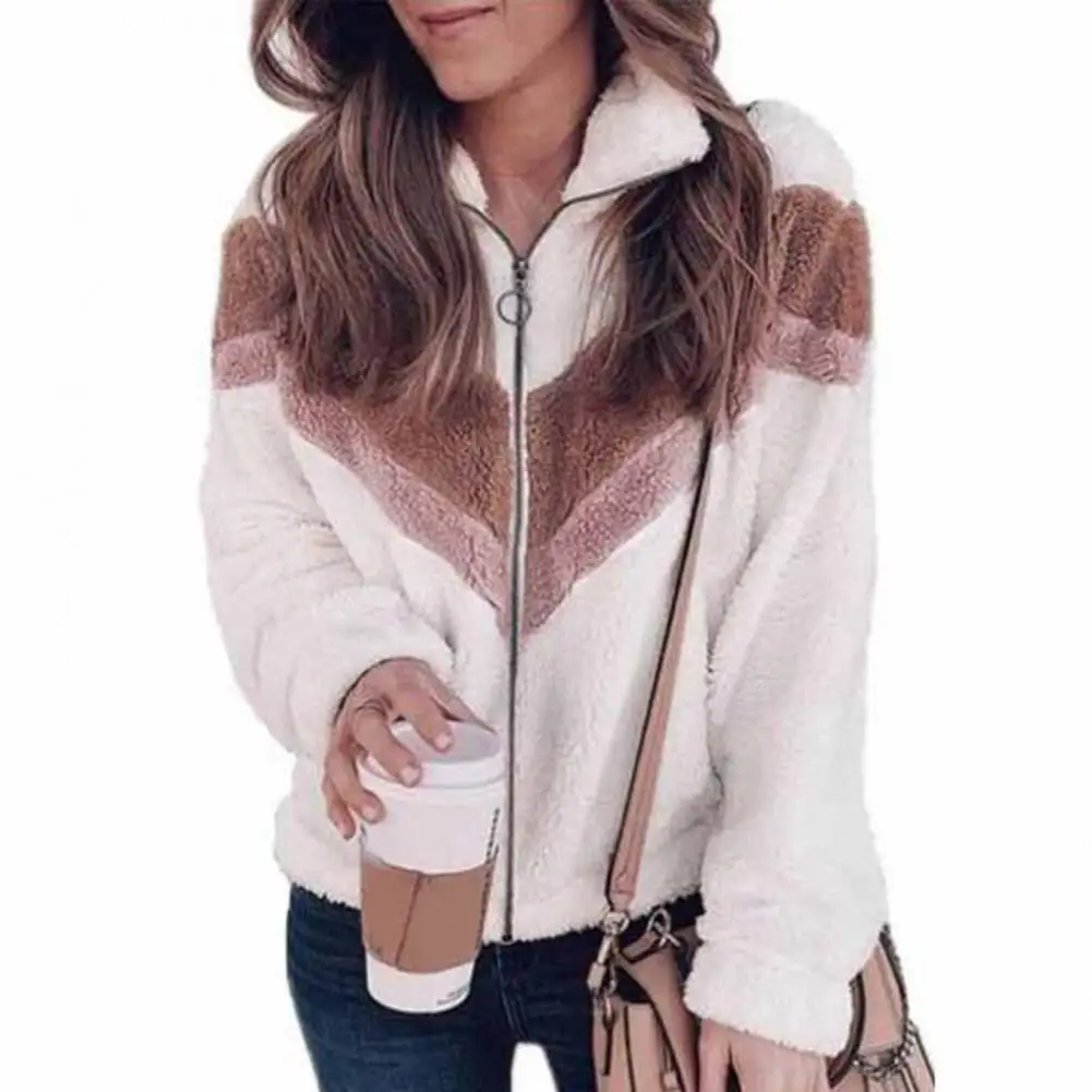 

Zipper Closure Color Block Fleece Jacket Women Autumn Winter Stand Collar Side Pockets Warm Cardigan Jacket Outerwear