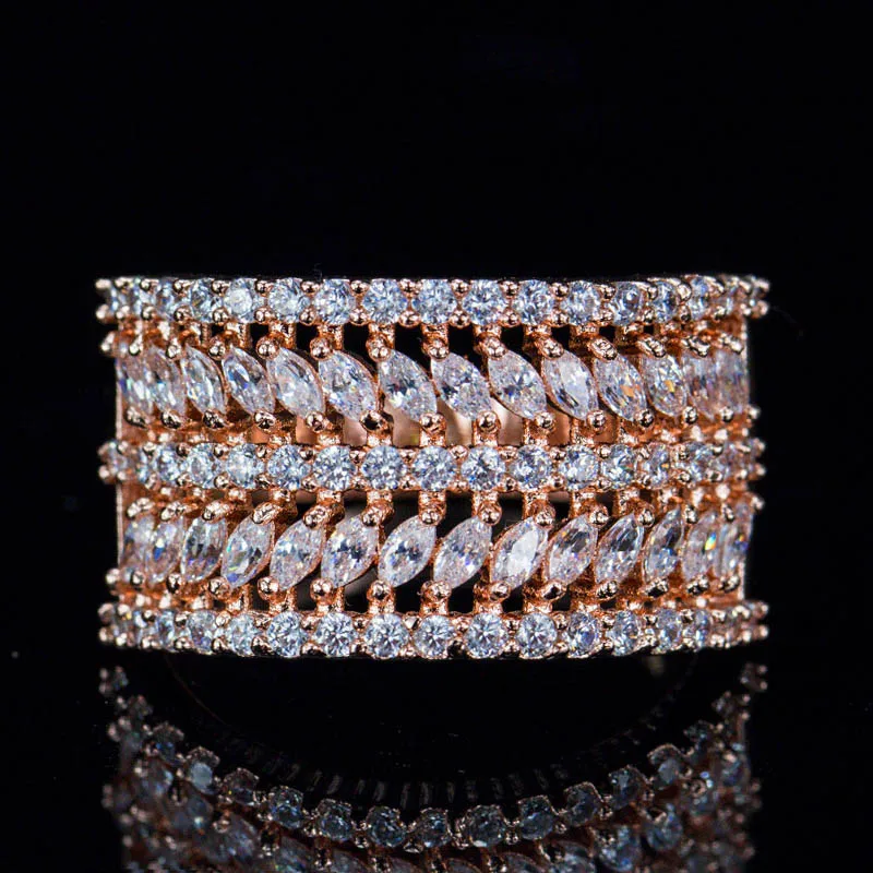 Rose Gold Color CWWZircons Роскошные брендовые дизайнерские ювелирные изделия цвета розового золота круглый камень маркиза CZ OL стиль кольца для крупных пальцев для женщин R054 - Цвет основного камня: Rose Gold Color