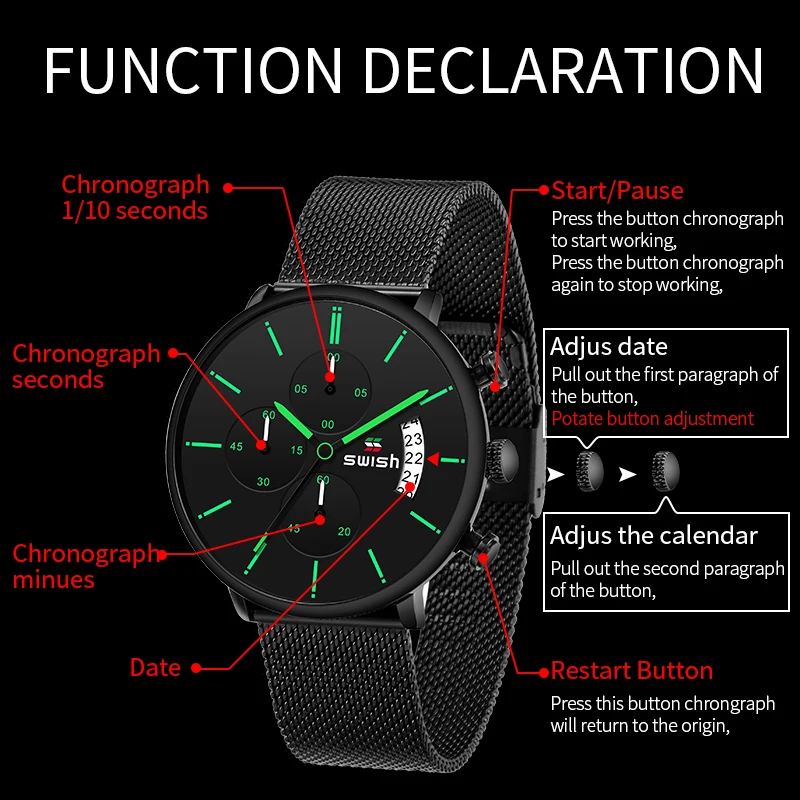 Часы наручные SWISH Мужские кварцевые спортивные брендовые светящиеся в стиле
