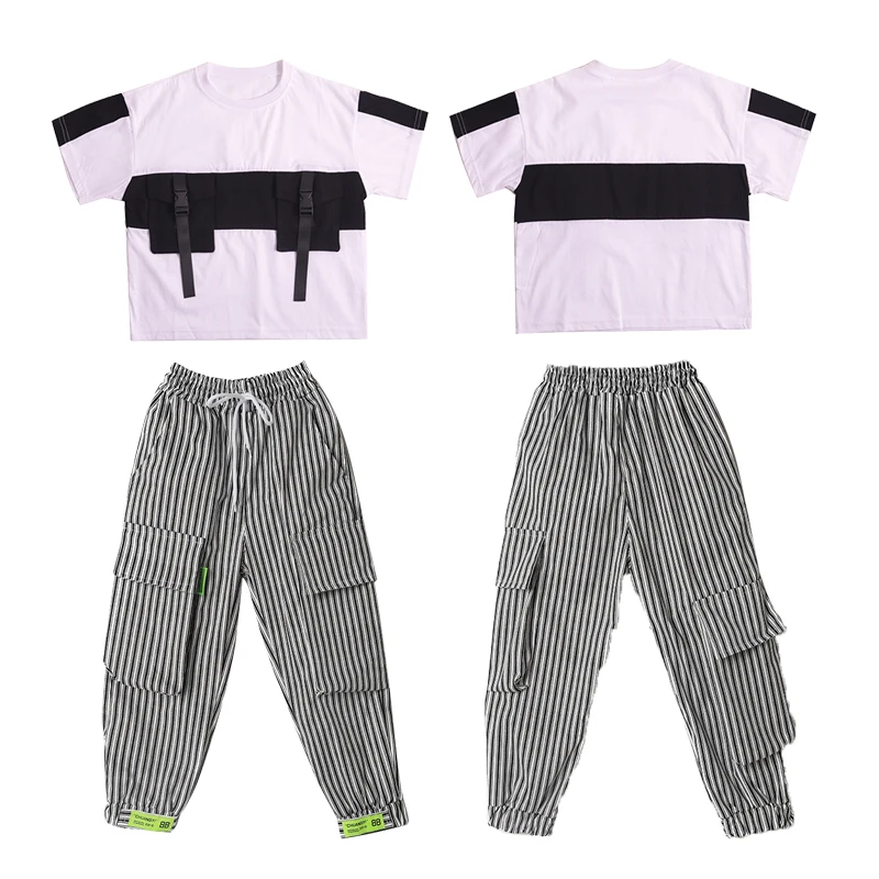 

Kids Cool Hip Hop Clothing Show Outfits Thirt Street wear Stripe Cargo Pants For Girls Boys Stage Dance Costume Singers Clothes