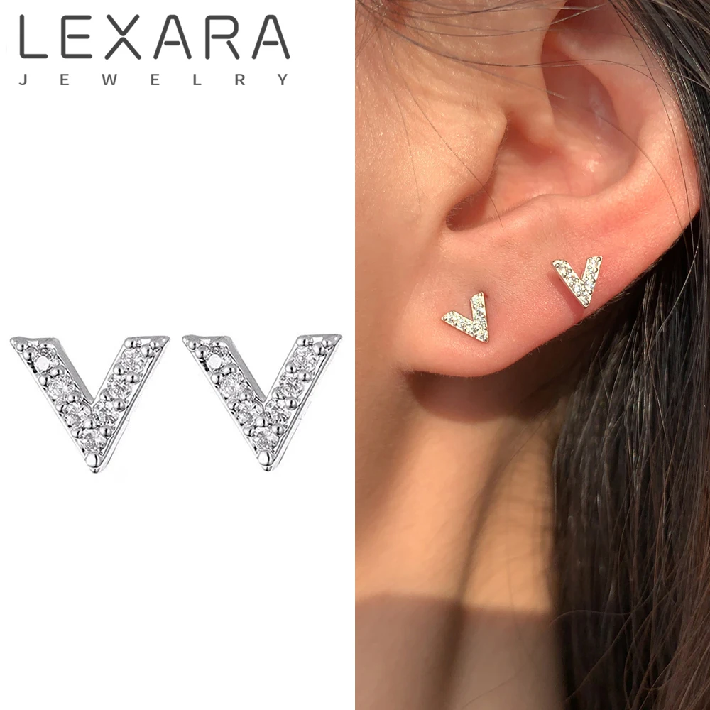 

LEXARA Exquisite Sparkling Zircon Small Letter V Stud Earrings Original Creative Prevent Allergy Ear Piercing Women Fine Jewelry