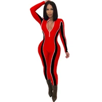 zipper fitness bodycon rompers jumpsuits for women long sleeve striped patchwork streetwear stretchy female overalls sport suit