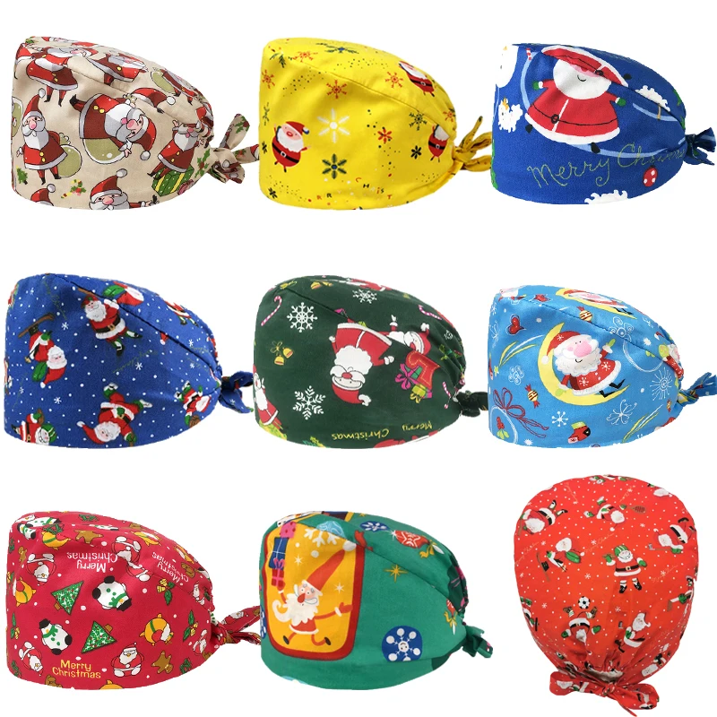 

Women Christmas Santa Scrub Caps Printed Cotton Adjustable Bandage Cap Washable Men Working Cap Gorros Nursing Hats Workwear