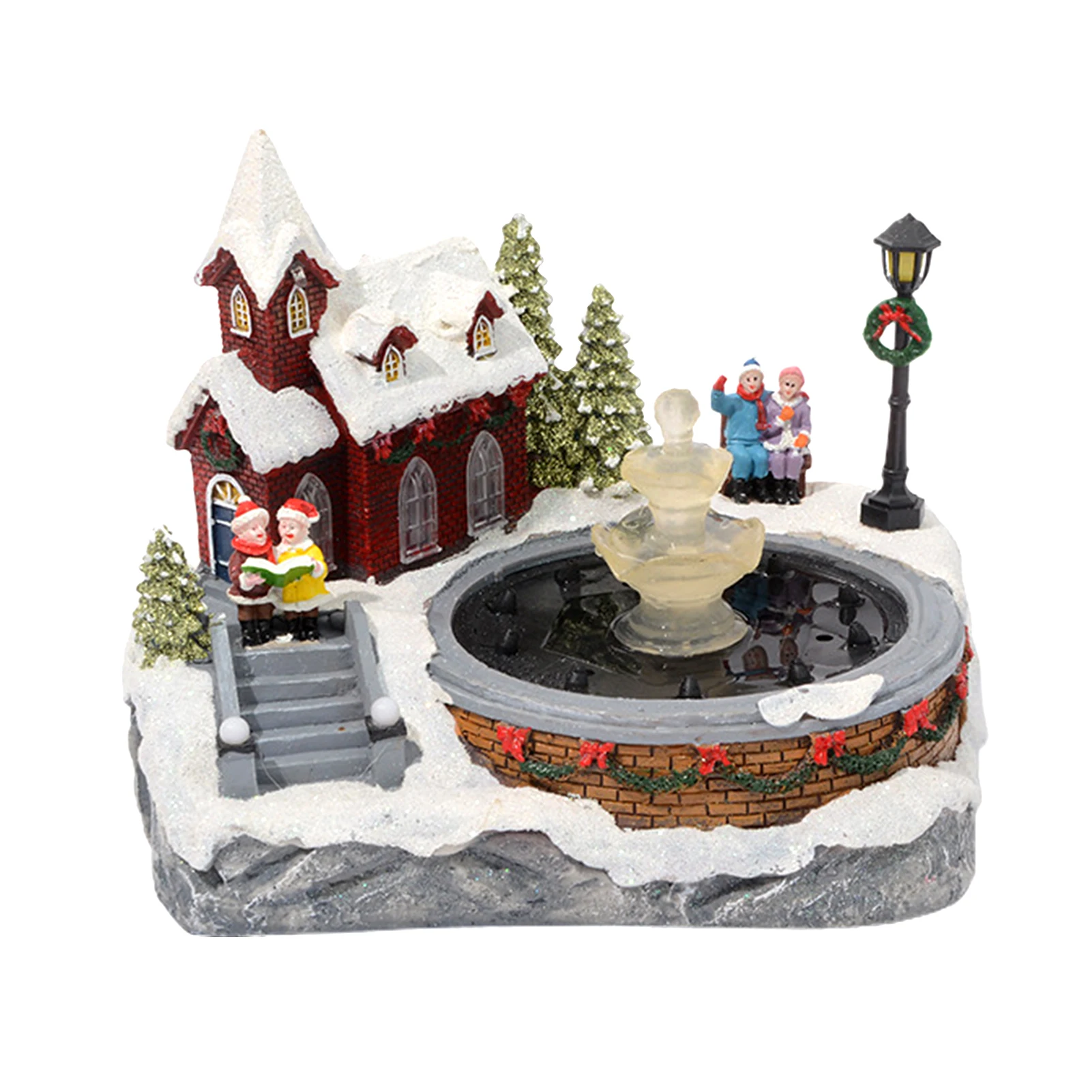 

Figurine With LED Light Gift Dynamic Music Resin Dual Power Supply Holiday Fake Fountain Christmas Snow House Craft Ornament