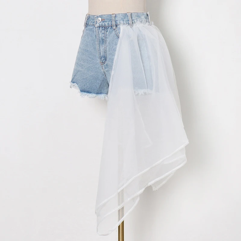 

TWOTWINSTYLE Patchwork Mesh Denim Shorts For Women High Waist Solid Casual Short Pants Female Summer Clothing 2021 Fashion Style
