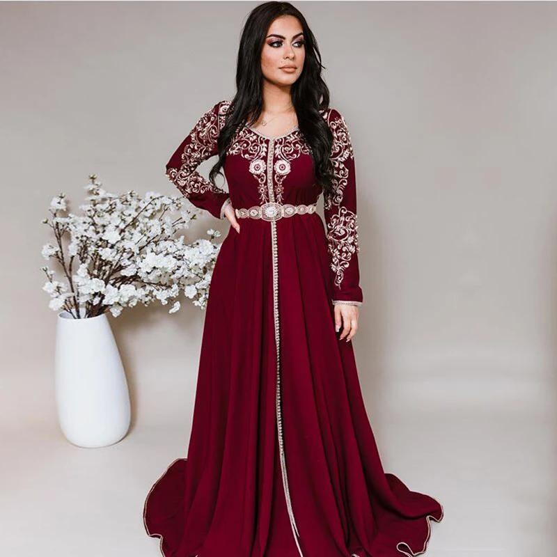 

Eightale Arabic Evening Dresses V-Neck Burgundy Appliques Long Sleeve Kaftan Dubai Chiffon Caftan Prom Gown A-Line Party Dress