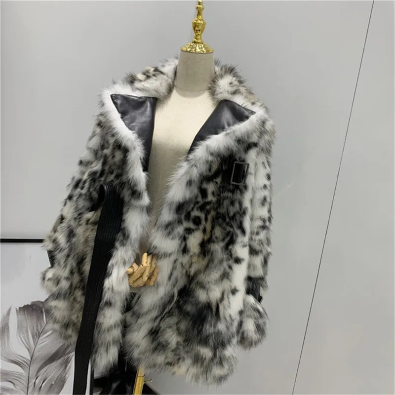Модная леопардовая шуба из натурального Лисьего меха женская меховая куртка Лоскутная овчина воротник средней длины натуральный Лисий мех пальто