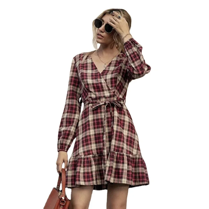 

Casual Plaid V Neck High Waist Women Dress Long Sleeve Bandage Patchwork A-line Dresses Spring Streetwear Dresses Vestidos