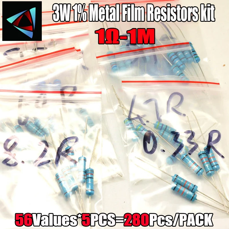 280Pcs 1R-1M Ohm 3W 1% 56ValuesX5Pcs Metal Film Resistor Assorted Kit Sample Bag