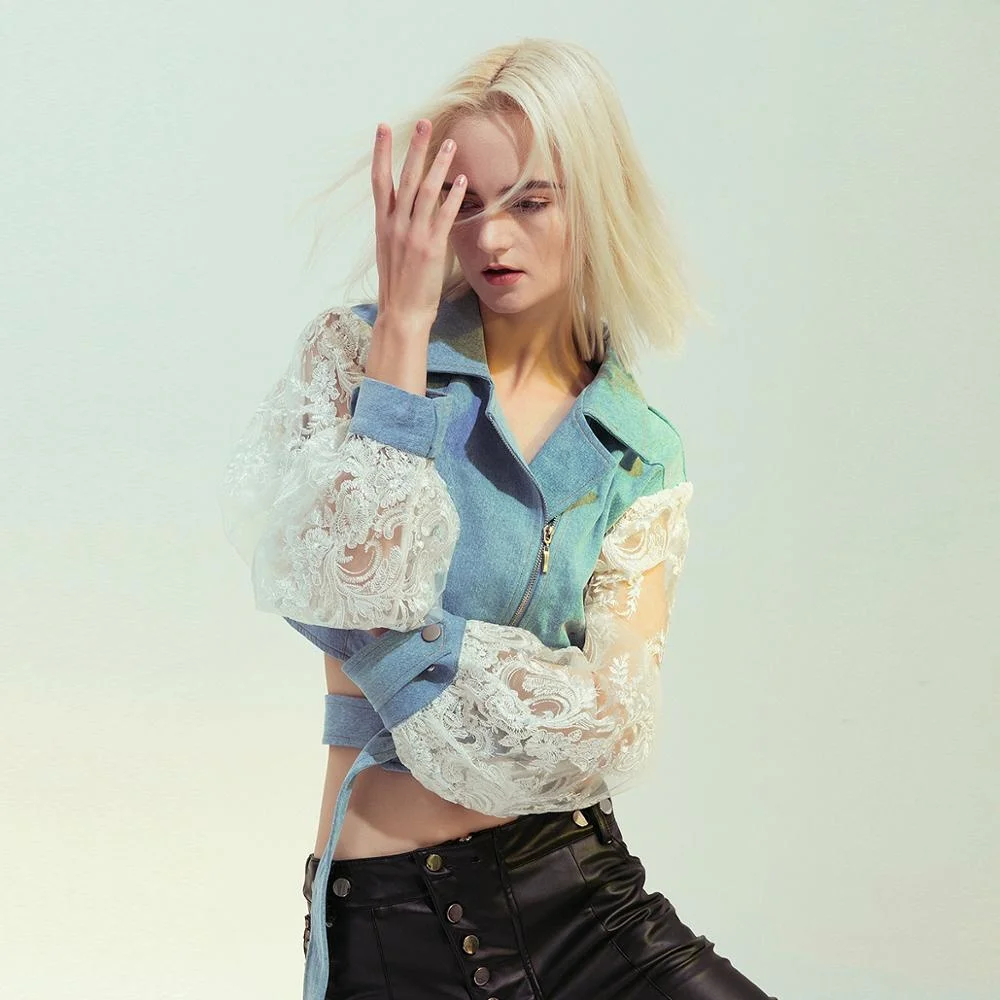 

Spring New Short Sexy Perspective Hook flower Hollow out Lace Splice Denim jacket Women Plus size Zipper Waist lace-up Jean coat