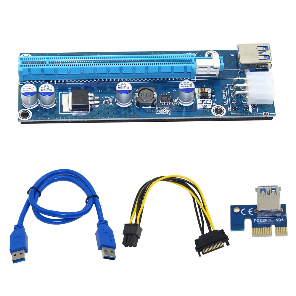 

10pcs 006C Blue 1x to 16x PCI Express Riser Card PCI-E Extender 60cm USB 3.0 Cable SATA to 6Pin Power for BTC Miner Raiser Card