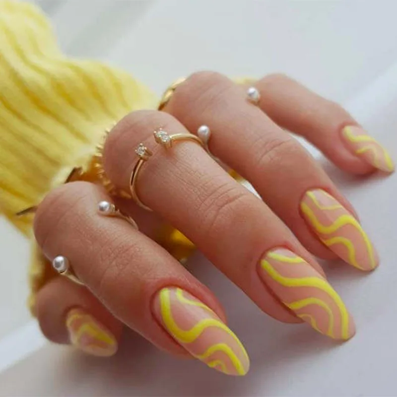 

Long Swirl Press on Nails Yellow Wave Oval Nails JP1813-B3