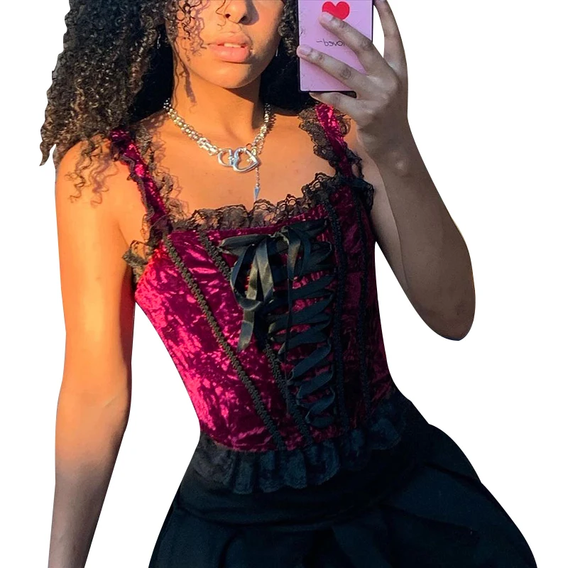 

Gothic Sexy Lace Red Camis Vintage Drawstring Backless Velvet Camisole Women Palace Elegant Summer Goth Tops