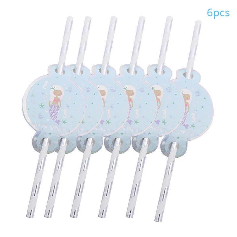 6pcs straw Русалка вечерние украшения Блеск "с днем рождения" баннер Праздничная гирлянда для дня рождения овсянка флаги тарелки чашки, ребенок, душ принадлежности - Цвет: 6pcs straw