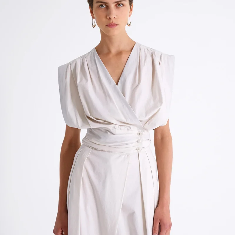 

Pleated Blouse Women V Collar Sexy Casual Sleeveless Buttons Patchwork Elegant Blouse vetement femme 2021 Retro Vintage