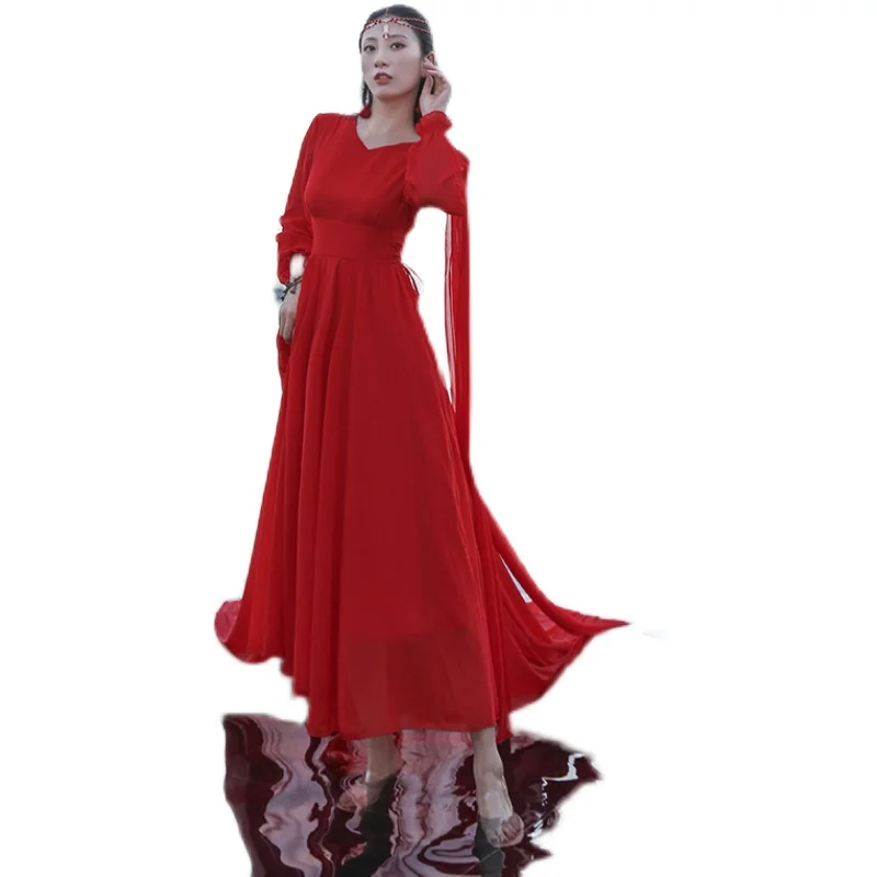 

COIGARSAM Vintage Full Sleeve Women Long dress Chiffon V-Neck Dresses Red 3306