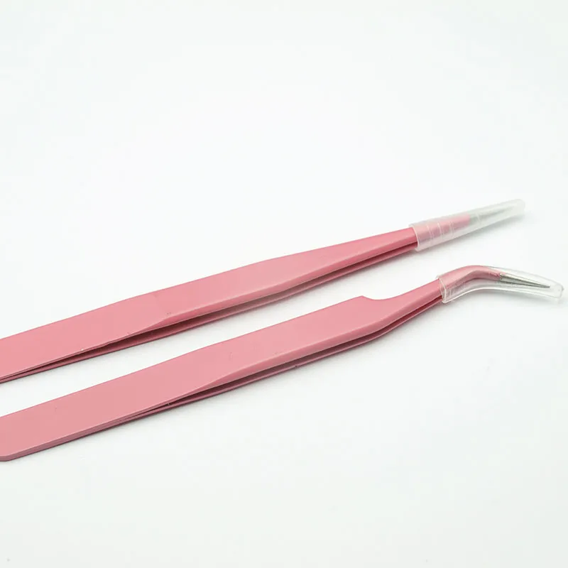 EasyNail 2PCS Pink Straight & Curved Tweezer For Eyelash Extensions Nail Art Nippers Hot Sell.