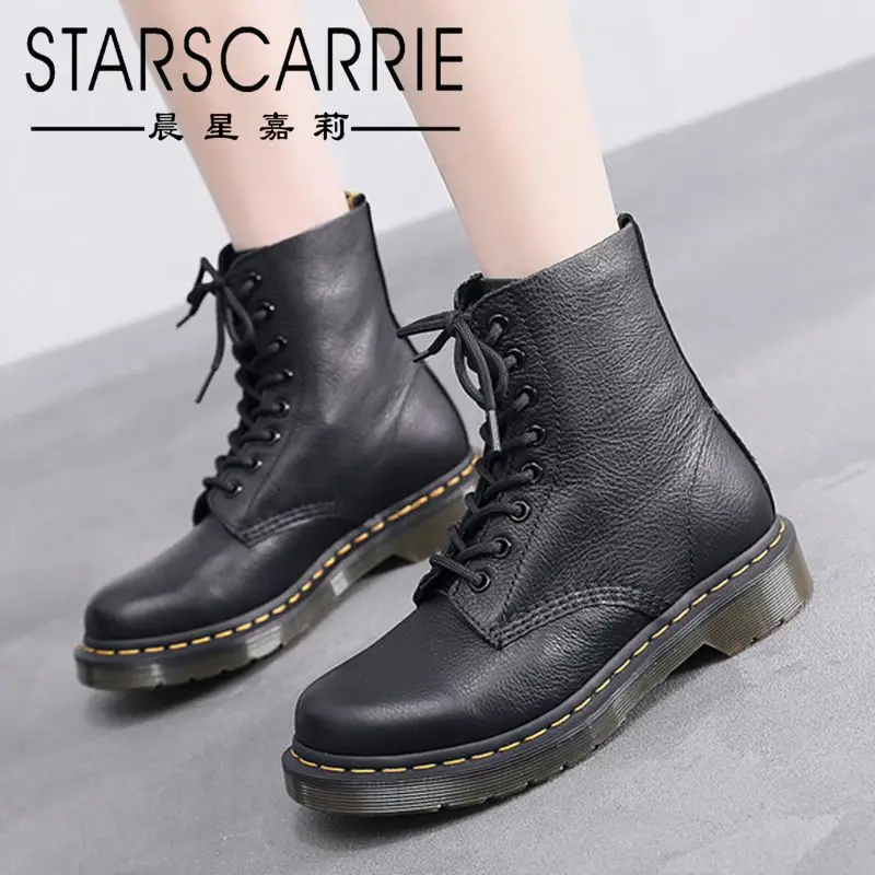 

Plush lychee pattern 1460 riding boots women's head layer leather soft cowhide short boots British motorcycle boots round toe