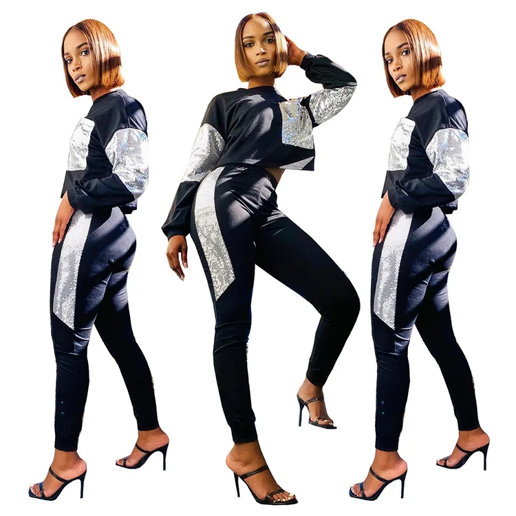 

FNOCE 2020 new women's sets fashion trends casual sportwear sequined patchwork long sleeve o-neck tops tight slim pants 2-pc set
