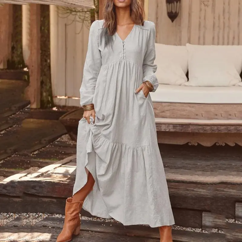 Boho Макси платье, женское платье, осень, женское богемное платье, длина до лодыжки, v-образный вырез, пуловер, простые платья, женские платья