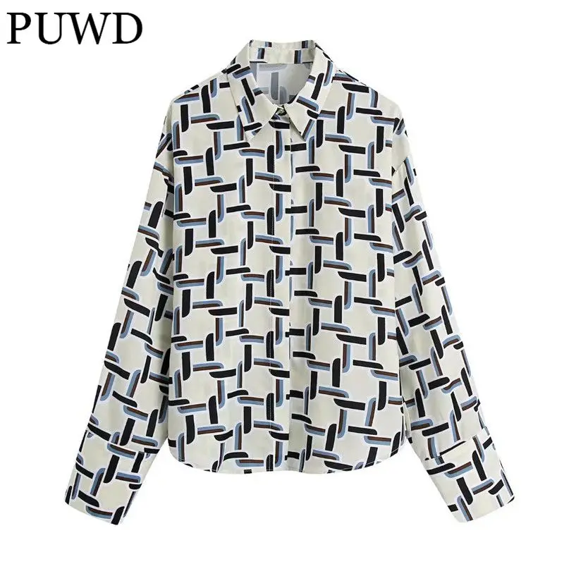 

PUWD Casual Women Turn-down Collar Straight Blouse 2021 Autumn Fashion Ladies High Street Vintage Shirt Female Print Shirt Top