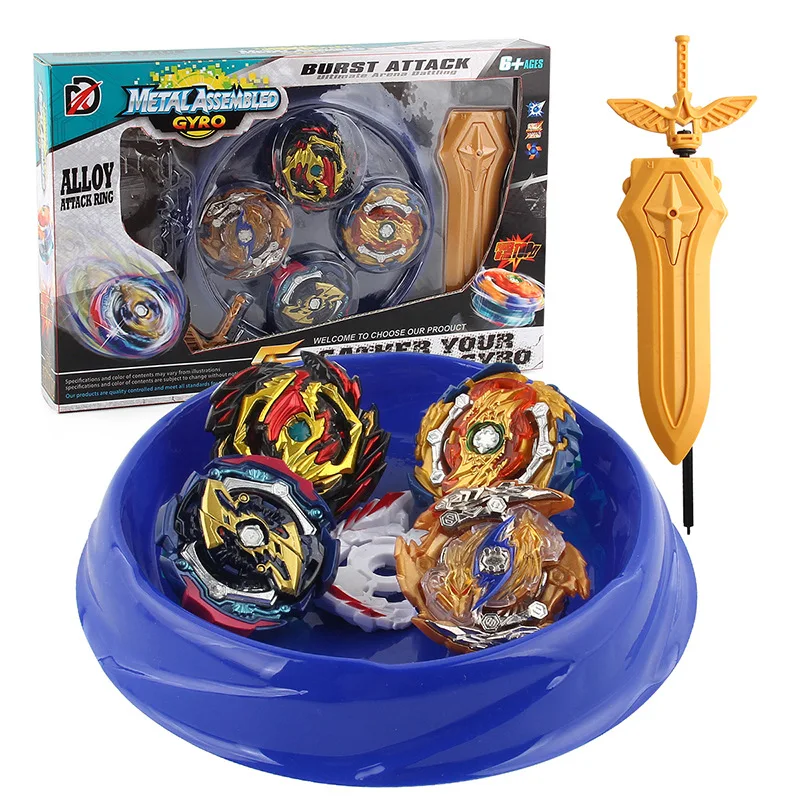 

4 Pcs/set Beyblades Burst Set Metal Fusion Assembly Deluxe Gyros with Plate and Two-way Sword Ruler Launcher Battle Spinner