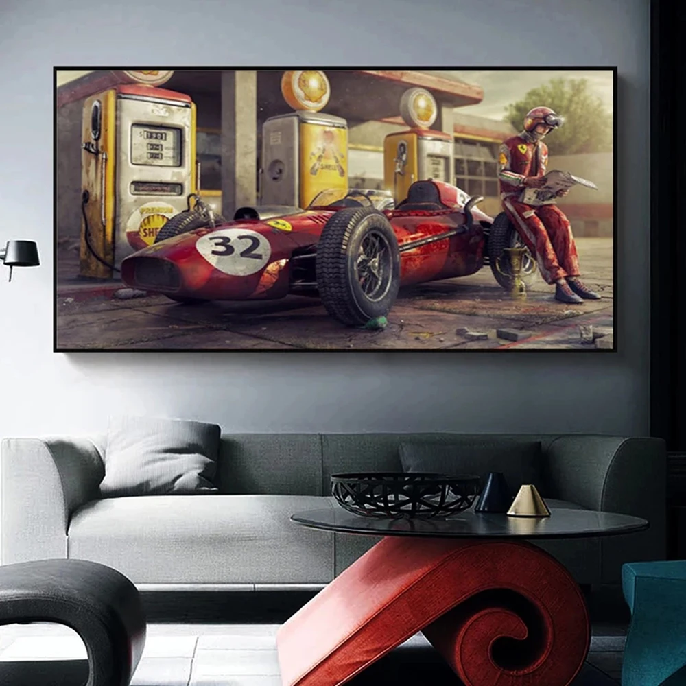 Винтажный постер и печать на автомобиле в игре Ferrari classic F1 гоночный автомобиль