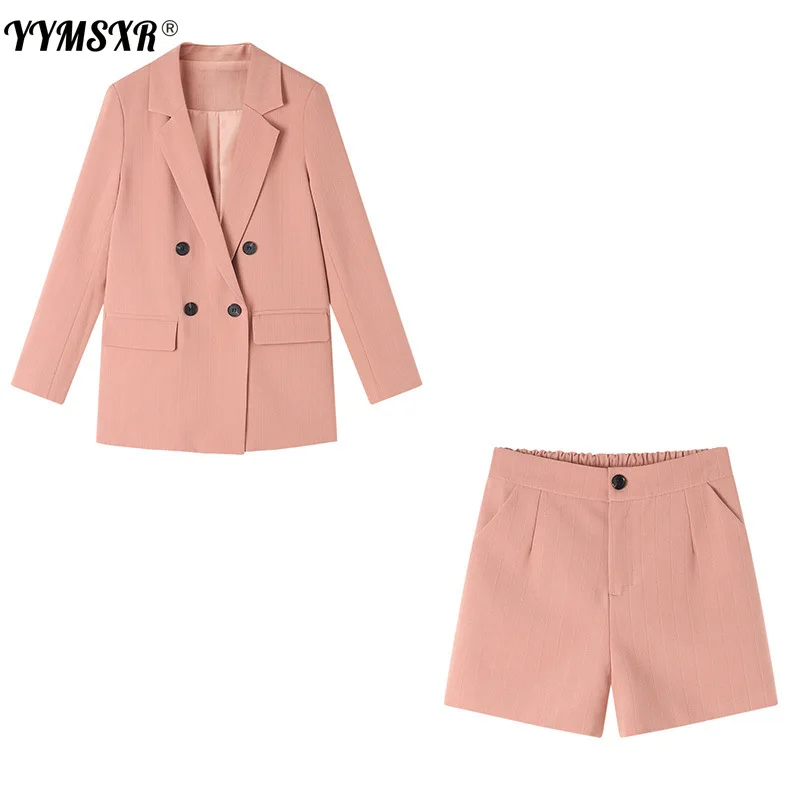 

High-quality Women's Suit Shorts 2-piece Set 2021 Autumn New Temperament Double-breasted Ladies Jacket Slim Shorts Business Wear