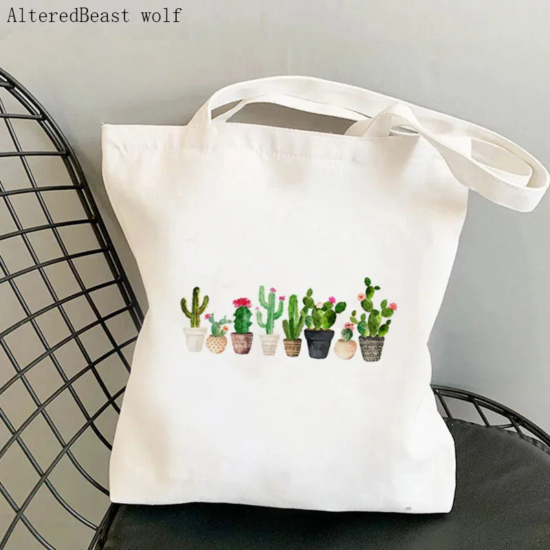 

Женская сумка-шоппер с принтом кактуса, кавайная сумка для покупок в стиле Харадзюку, холщовая сумка-шоппер, женская сумка-тоут