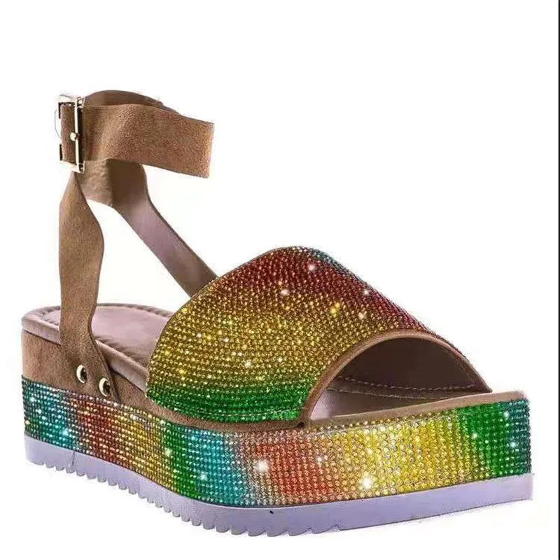 

2021 European and sk American ladies plus size leisure platform rhinestone slippers 1880