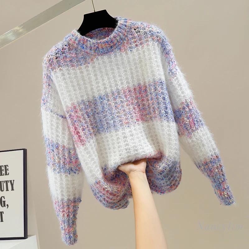 

Rainbow Striped Mohair Sweater Women Loose Jumper Temperament Lady Top Outwears Pullovers Femme Spring Autumn