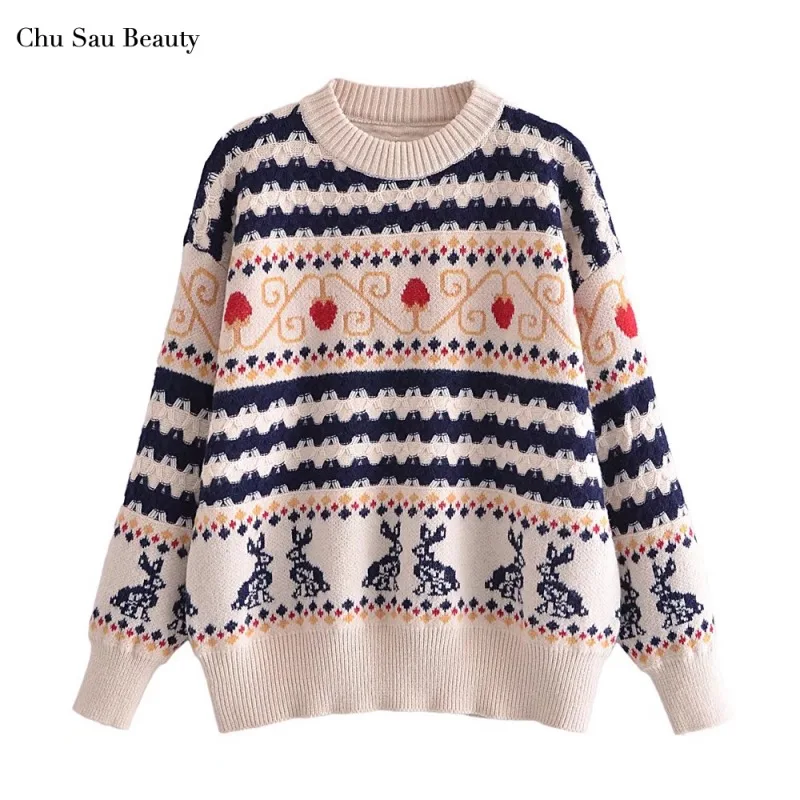 

Chu Sau Beauty Women's Autumn And Winter Contrast Color Cartoon Rabbit Jacquard Sweater Retro Round Neck Loose Pullover Sweater