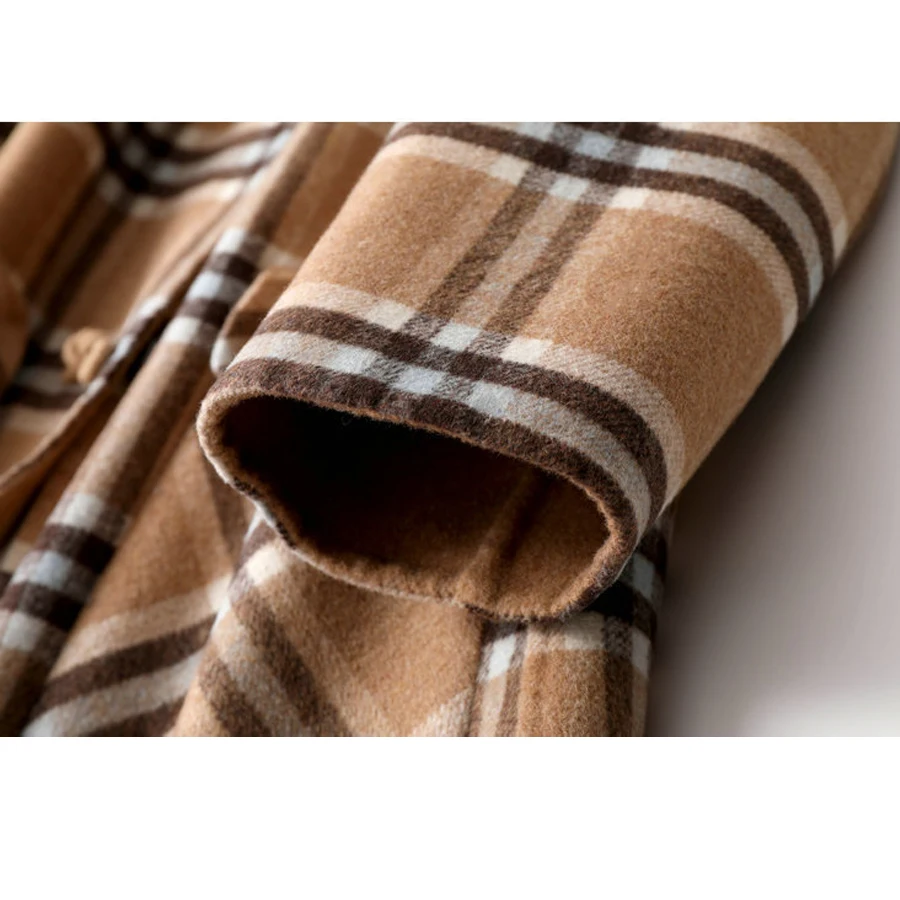 

2021 Spring high quality New Korea style wool plaid double faced cashmere long coats doll collar Horn buckle women woolen coats